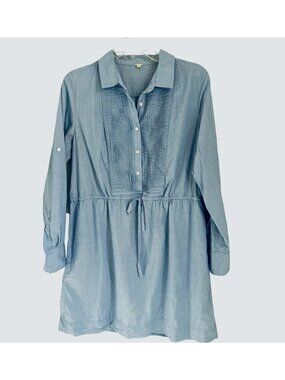 J. Crew Blue Cotton Button-Front Tunic Dress With Drawstring Waist & Pintuck Det